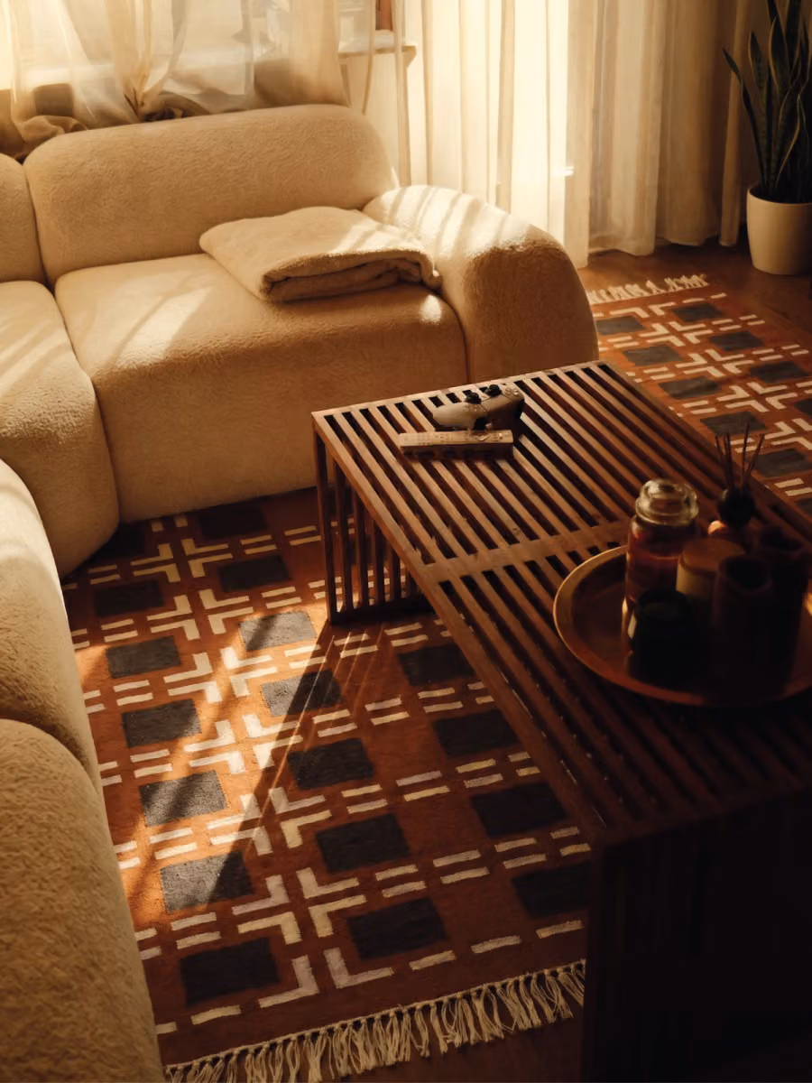 Marches Flatwoven Rug shown in an editorial setting